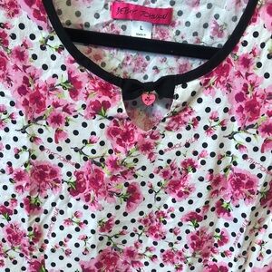 Betsey Johnson White Blouse with Pink Floral and Black Polka Dots